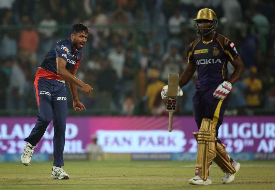 Delhi Daredevils Avesh Khan Celebrates Fall Of Andre Russells Wicket Images