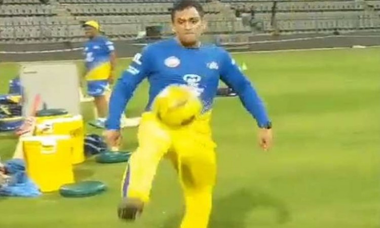  MS Dhoni shows off his footballing skills in CSK training sessio