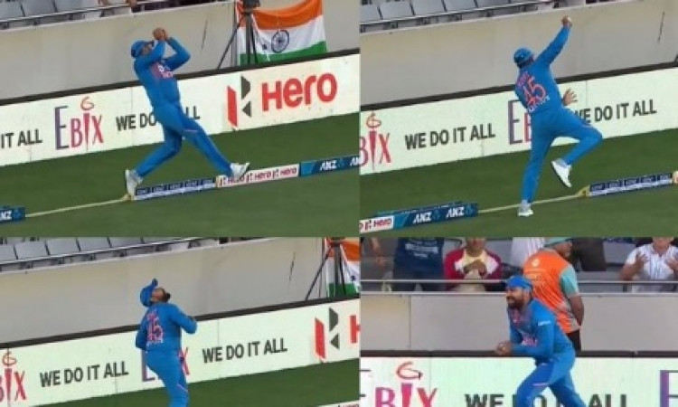 VIDEO रोहित शर्मा ने लपका मार्टिन गप्टिल का कमाल का कैच, बाउंड्री पर हवा में उड़कर कैच लिया ! Images