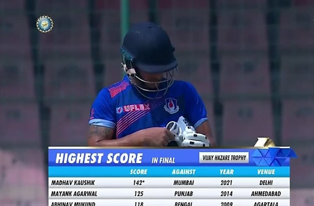 Madhav Kaushik's 158* is now the highest individual score by an Indian in a List A tournament final Madhav Kaushik's 158* is now the highest individual score by an Indian in a List A tournament final