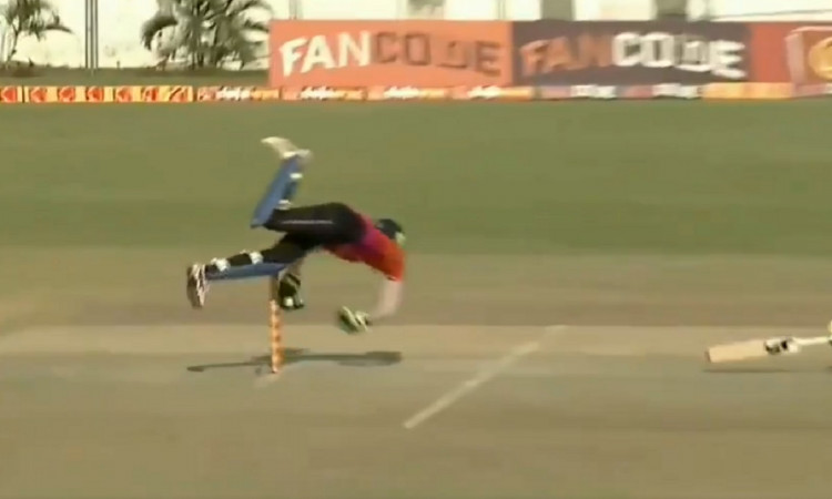 Cricket Image for Watch Video: RCB's Recruit Mohammad Azharuddeen Runs Out Batsman In Acrobatic Way 