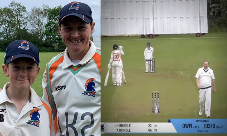 Former England women's player Arran Brindle builds 100-run partnership with her son to win men's clu