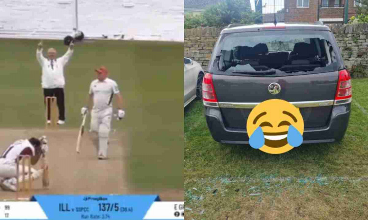 Cricket Image for VIDEO : छक्का मारकर तोड़ा अपनी ही गाड़ी का शीशा,  बीच मैदान घुटनों पर गिरा खिलाड़ी