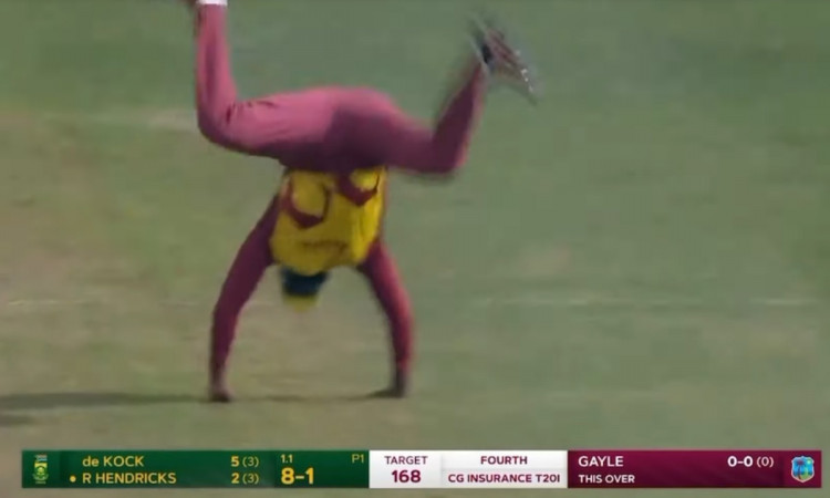 Cricket Image for Wi Vs Sa Chris Gayle Bowls With His Cap And Dismisses Reeza Hendricks Watch Video