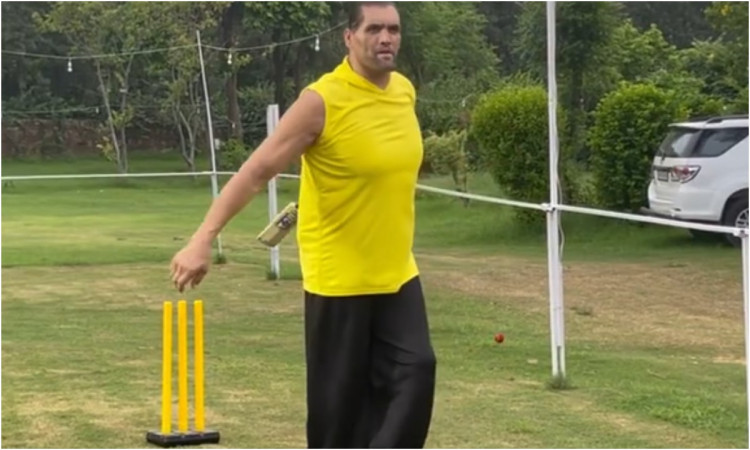 Cricket Image for VIDEO : 7 फीट 1 इंच के ग्रेट खली ने भी थामा बल्ला, फैंस बोले- 'सर, क्रिकेट बैट पकड