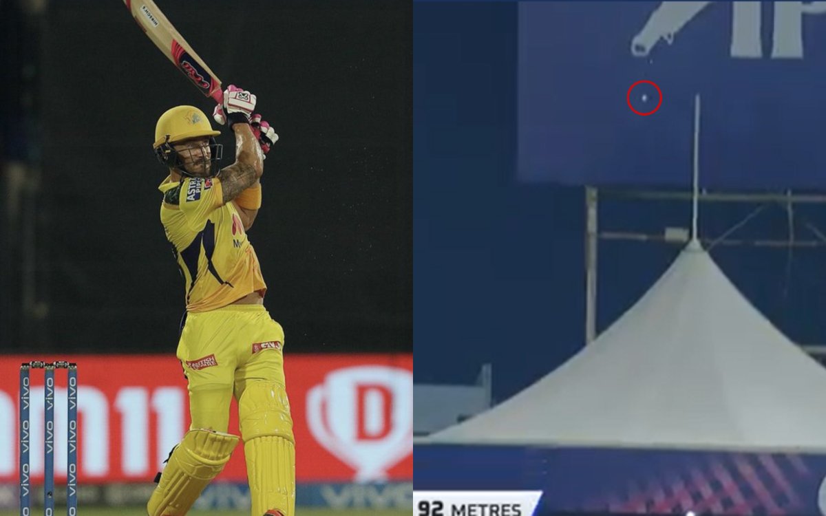 Cricket Image for VIDEO : डु प्लेसिस ने छक्के में फूंक दी सारी ज़ान, स्टेडियम की छत पर जाकर गिरी बॉल