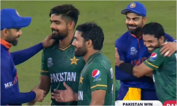 Cricket Image for VIDEO : जीतने के बाद विराट के गले लग गए रिज़वान, कप्तान कोहली ने भी दी शाबाशी