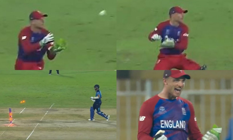 Jos Buttler throws down the stumps to bring to an end Dasun Shanaka's innings