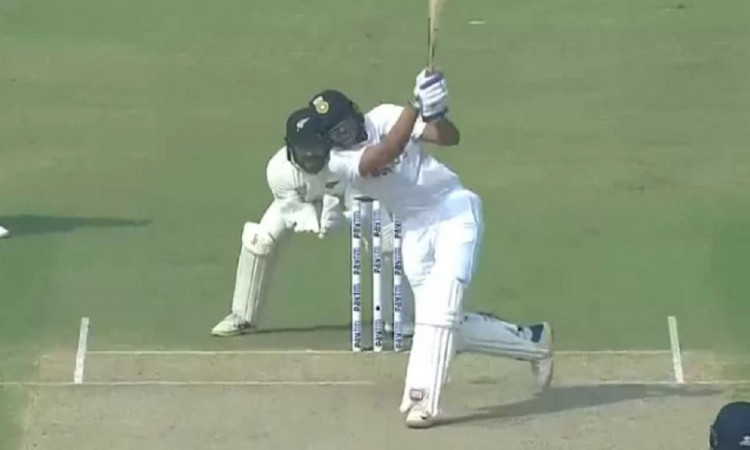 Shubman Gill smashes a fluent six down the ground off Ajaz Patel
