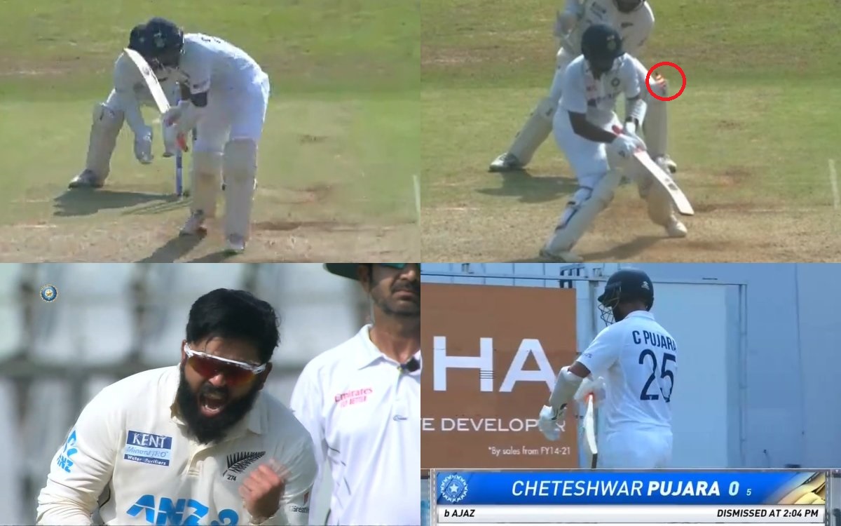 Cheteshwar Pujara bowled for a 5-ball duck by Azaz Patel,Watch Video