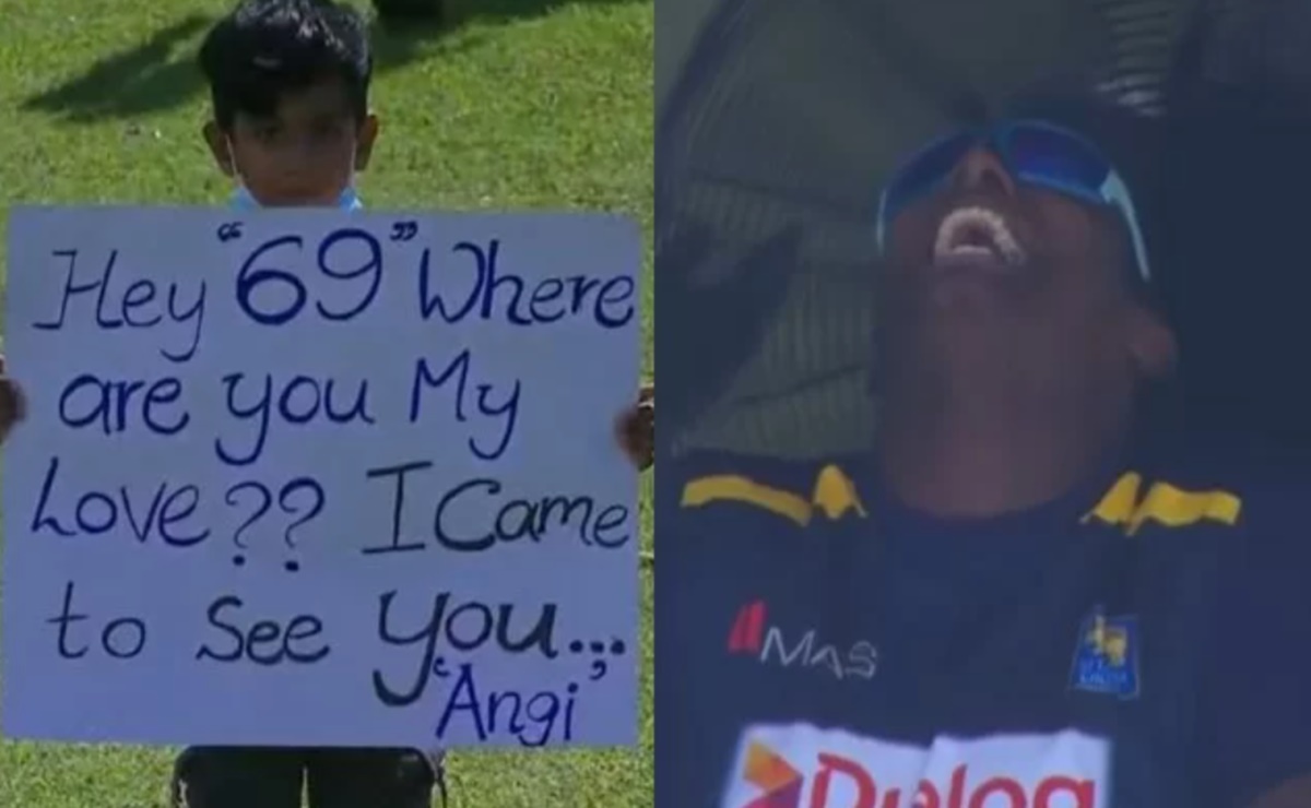 Cricket Image for Sri Lanka Vs West Indies Angelo Mathews Reaction After Fan Holds A Banner To Show 