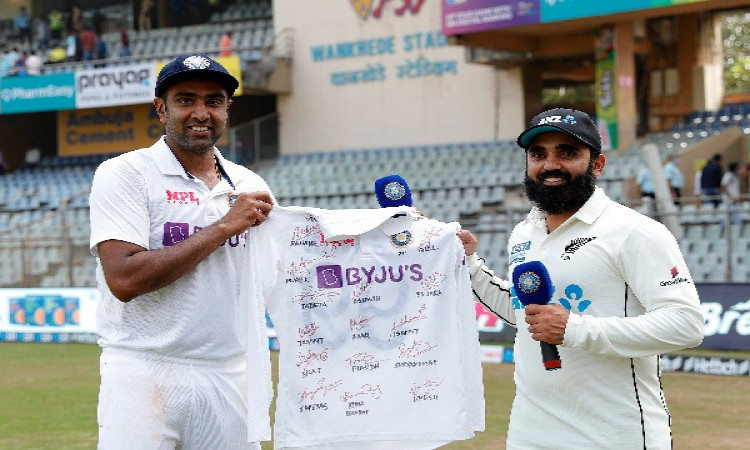Ashwin gifts Ajaz Patel his Test jersey autographed by teammates
