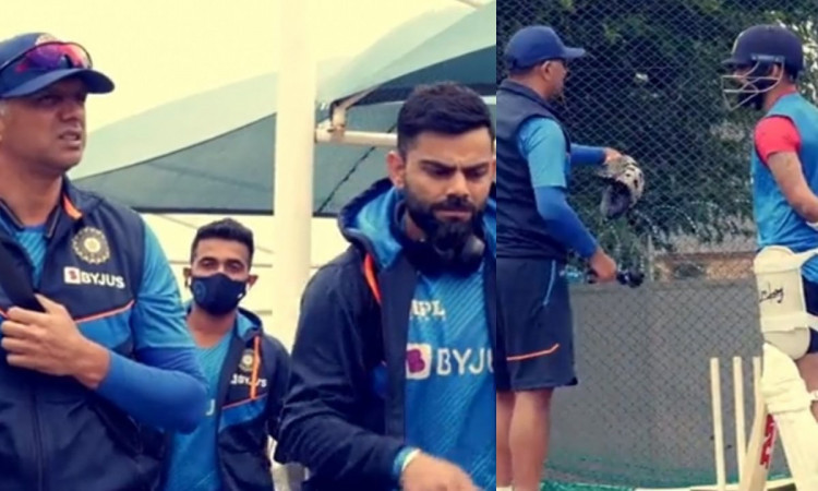 Cricket Image for VIDEO: Dravid Gives Kohli Batting Tips As team India Have Their First Full Trainin
