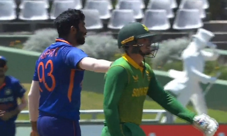Cricket Image for WATCH: Jasprit Bumrah Pats De Kock's Back After Dismissing The Batter