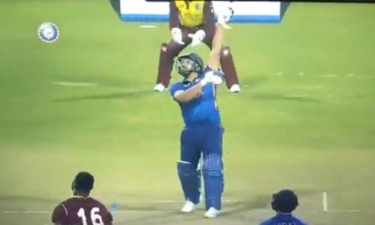 Cricket Image for WATCH: Rohit Sharma Miscues A One-Handed Shot For Six