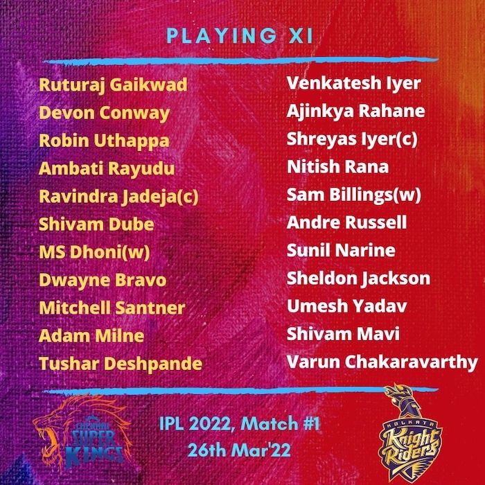 Chennai v Kolkata Playing XI
