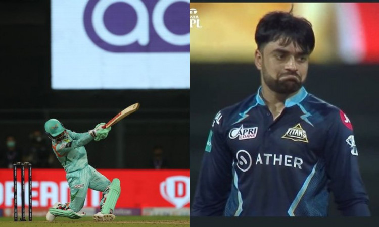 Cricket Image for VIDEO : 22 साल के आयुष ने नहीं किया राशिद खान का लिहाज़, घुटनों पर बैठकर जड़ दिया 