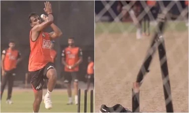 T Natarajan breaks stumps during Sunrisers Hyderabad training session ahead of IPL 2022