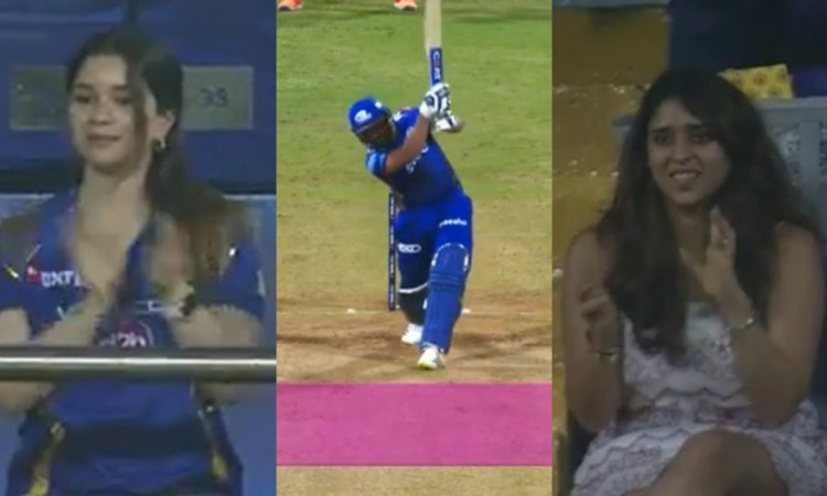 Cricket Image for VIDEO : हिटमैन ने डगआउट में मारा छक्का, खिल उठा सारा और रितिका का चेहरा