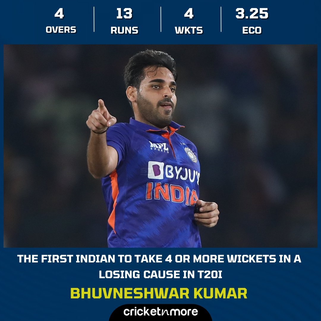 Bhuvneshwar kumar first indian to take 4 or more wickets in a losing cause in t20i