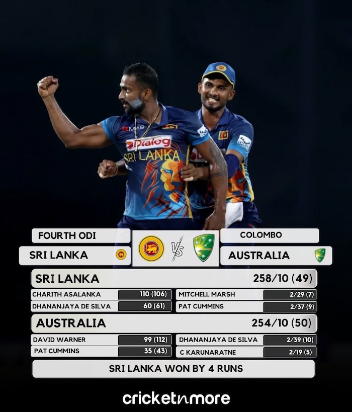 Sri Lanka Beat Australia By 4 Runs in 4th ODI