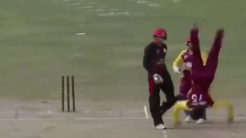 Cricket Image for No Look Shot Goes Wrong Bowler Incredible Somersault Funny Cricket Celebration