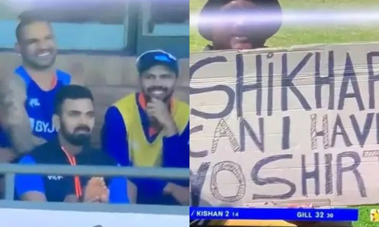 Cricket Image for VIDEO : 'ये शर्ट हमको दे दे गब्बर' चलते मैच में फैन ने मांगी धवन की शर्ट फिर मिला 