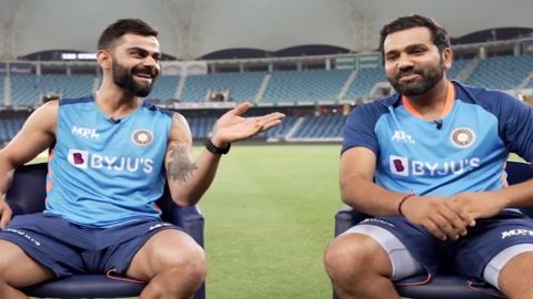 Cricket Image for Rohit Sharma Interviews Virat Kohli After 71 Century Watch Video 