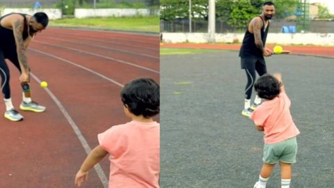 Cricket Image for Krunal Pandya Practice With Hardik Pandya Son Agastya