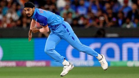 Perth : India's Arshdeep Singh celebrates after taking a wicket during  the T20 World Cup cricket ma