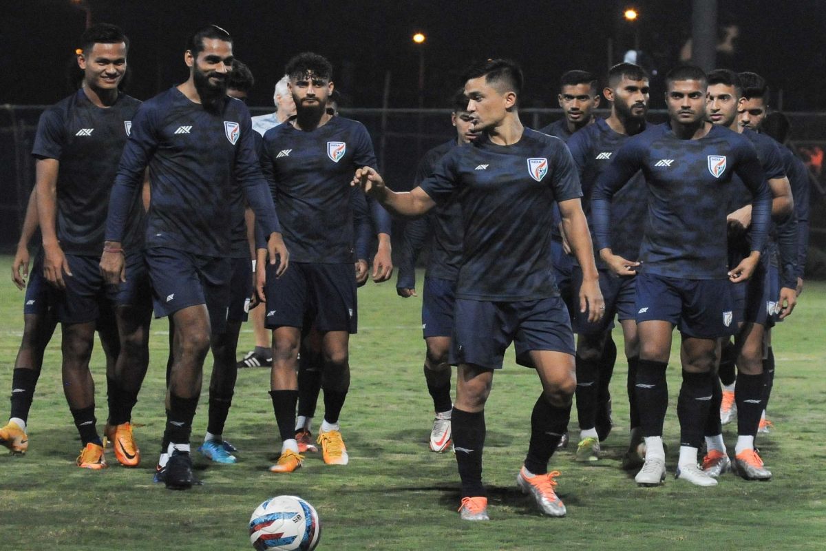 Kolkata:Indian footballers during a practice session for AFC Asian Cup 2023 Qualifiers ahead of thei