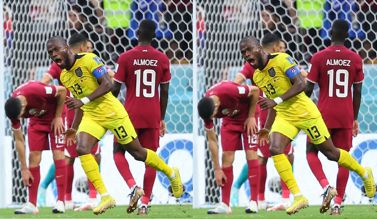 Qatar :Enner Valencia of Ecuador celebrates after scoring his second goal against Qatar