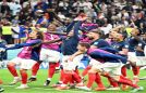 Al Khor : French players celebrate at the end of the World Cup quarter final football match between 