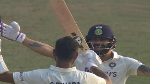 Cricket Image for Cheteshwar Pujara Century Celebration With Virat Kohli in Hindi