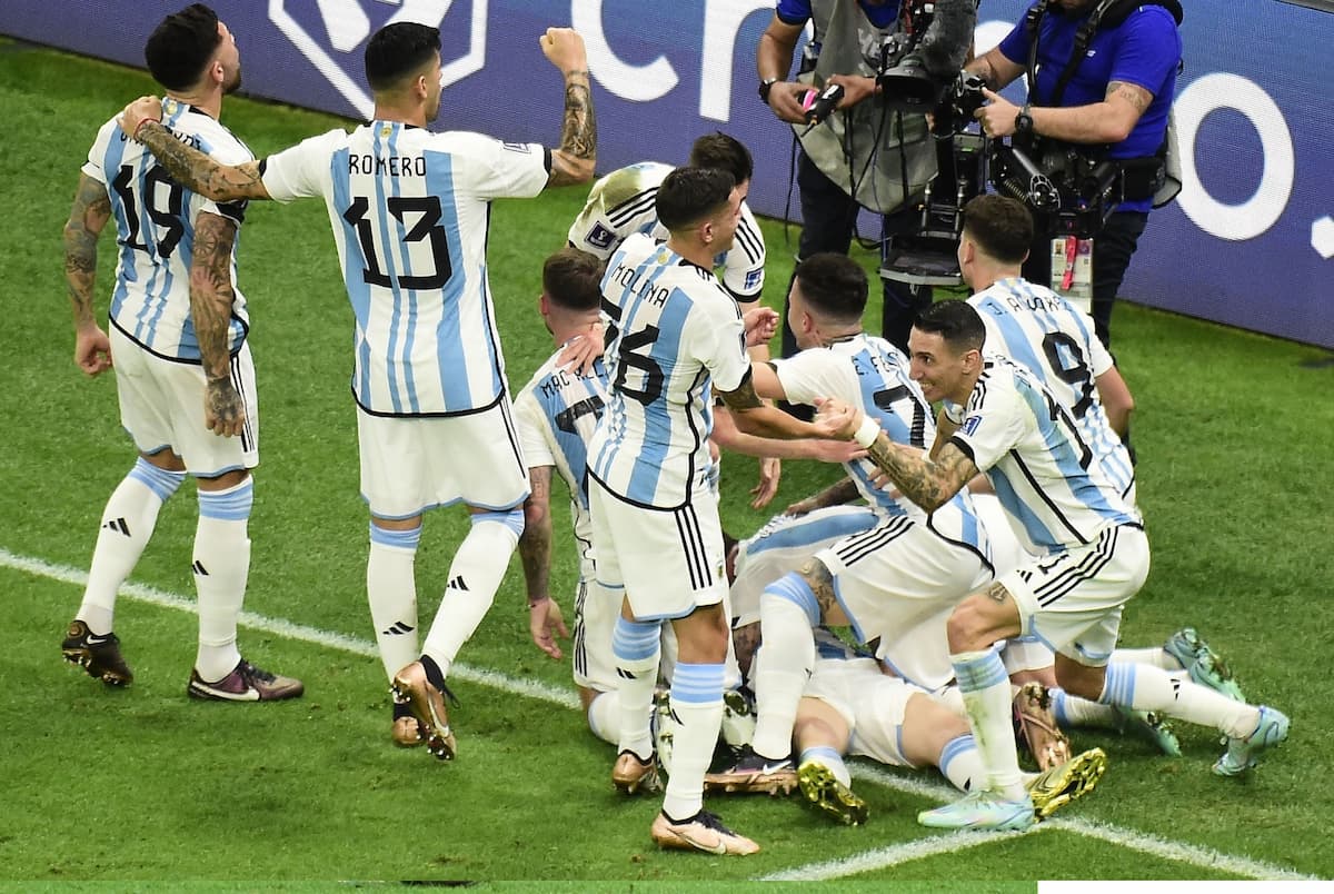 Lusail:Argentina's Lionel Messi, celebrates with teammates after scoring his side's opening goal dur
