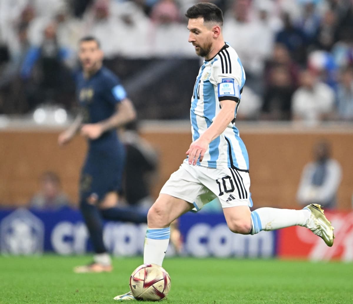 Lusail:Argentina's Lionel Messi, controls the ball during the World Cup final soccer match between A