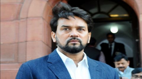 New Delhi: Union Minister Anurag Thakur at Parliament Complex during the winter session of the House
