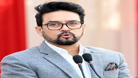 New Delhi : Union Minister for Youth Affairs and Sports Anurag Thakur addressing at the sports day c