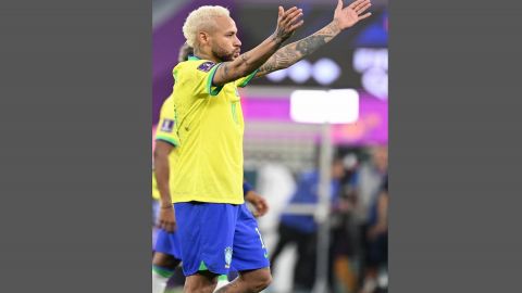 Al Rayyan:Brazil's players celebrate at the end of the World Cup round of 16 soccer match between Br
