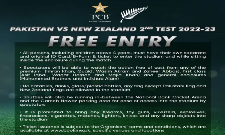 PCB announces free entry for fans for the second Test between Pakistan, New Zealand