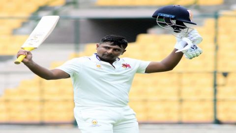 Bengaluru:Mumbai Batsman Sarfaraz Khan celebrates after scoring a century during Ranji Trophy final 