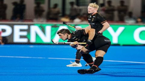 Bhubaneswar: Germany captain Mats Grambusch and Australian player Jacob Whetton vie for the ball dur