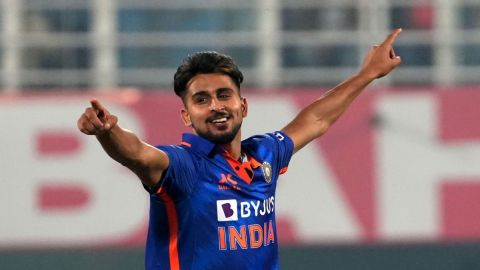 Guwahati:India's Umran Malik celebrates the dismissal of Sri Lanka's Dunith Wellalageduring the firs