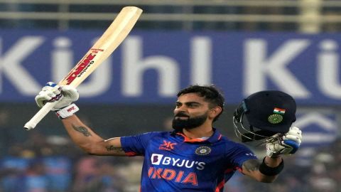 Guwahati:India's Virat Kohli rises his bat as he celebrates after scoring a century during the first