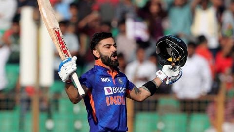 Guwahati:India's Virat Kohli rises his bat as he celebrates after scoring a century during the first