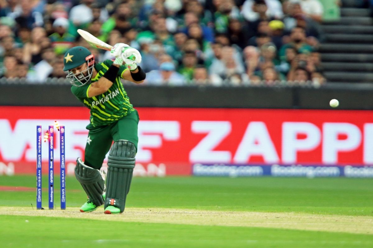 Melbourne : Pakistan's Mohammad Rizwan is bowled out by England's Sam Curran during the T20 World Cu