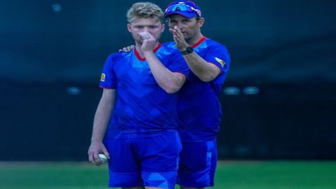 MI Emirates Head Coach Shane Bond and player Daniel Mousley during a practice session