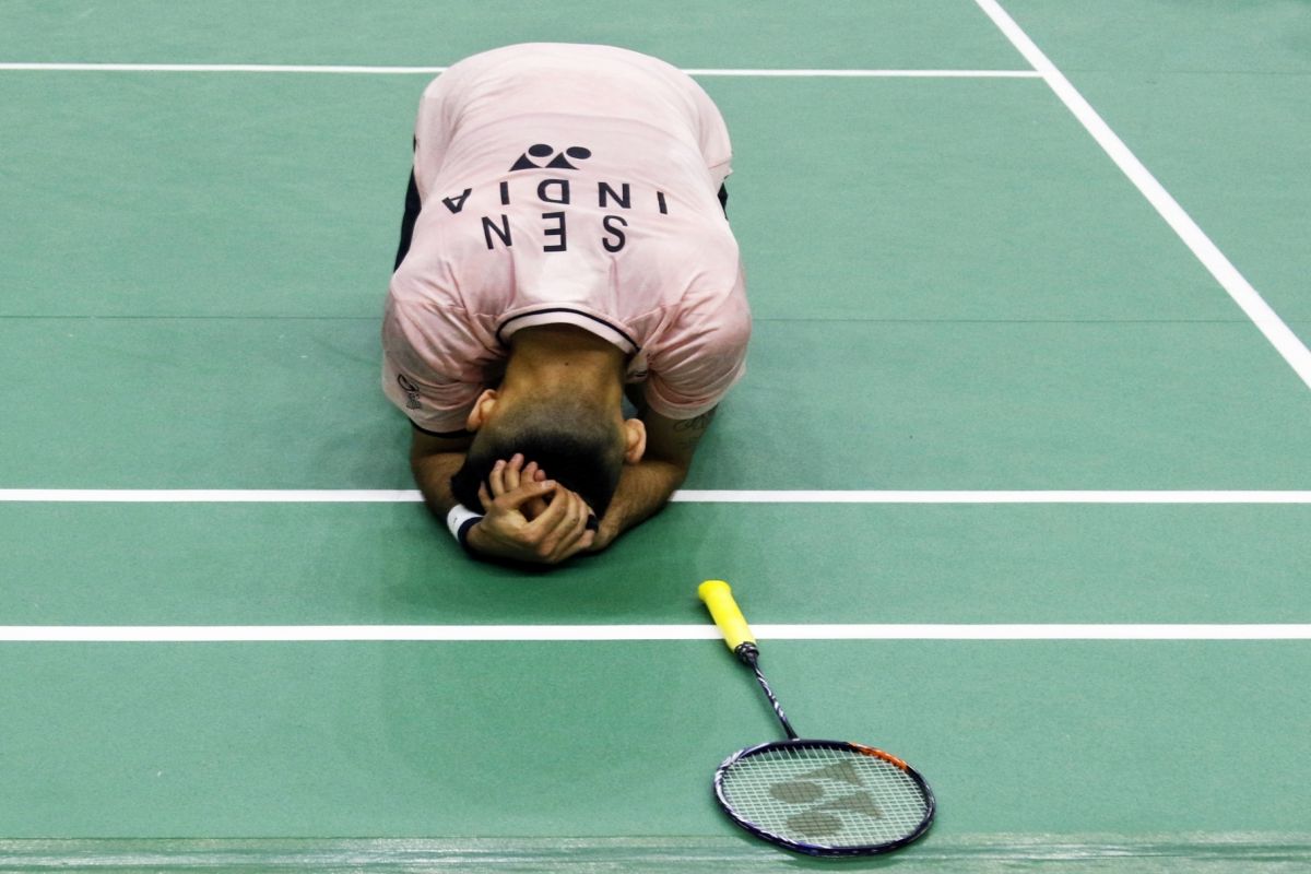 New Delhi: Indian badminton player Lakshay Sen reacts after losing the men's singles badminton match