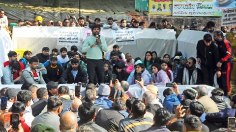 New Delhi: Indian wrestler Bajrang Punia addresses a press conference during their protest against t