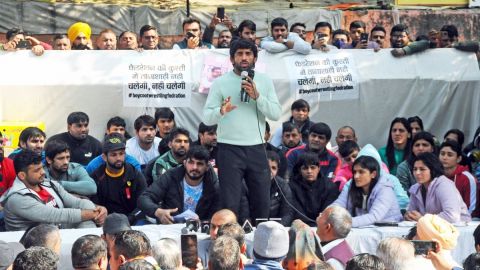 New Delhi: Indian wrestler Bajrang Punia addresses a press conference during their protest against t